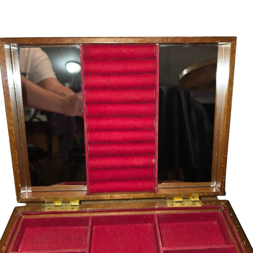 Vintage Jewelry Box Wood London Leather Co Floral Tapestry Red Velvet Lining